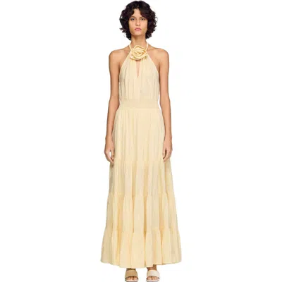 Sandro Floral Print Linen Maxi Dress In Brown
