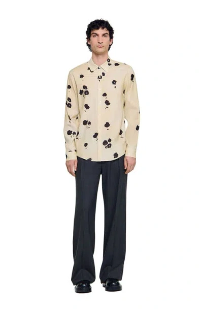 Sandro Floral Print Linen Shirt In Gold
