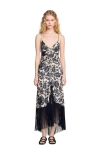 Sandro Silk Fringed Midi Dress In Ecru/black