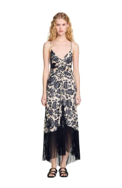 Sandro Floral Print Maxi Dress In Ecru/black