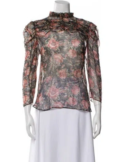 Pre-owned Sandro Floral Print Mock Neck Blouse In Black