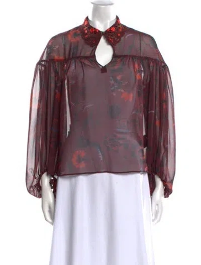 Pre-owned Sandro Floral Print Mock Neck Blouse In Burgundy
