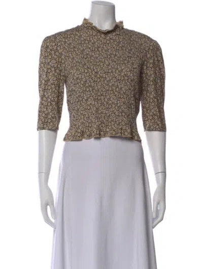 Pre-owned Sandro Floral Print Mock Neck Blouse In Neutral