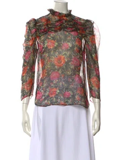 Pre-owned Sandro Floral Print Mock Neck Blouse In Orange