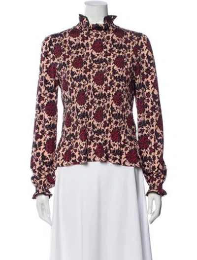 Pre-owned Sandro Floral Print Mock Neck Blouse In Pink