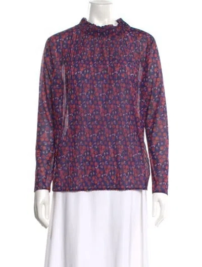 Pre-owned Sandro Floral Print Mock Neck Blouse In Purple