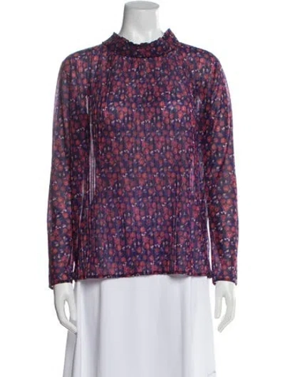 Pre-owned Sandro Floral Print Mock Neck Blouse In Purple