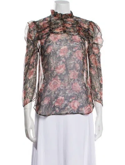 Pre-owned Sandro Floral Print Mock Neck Blouse In White