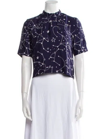 Pre-owned Sandro Floral Print Mock Neck Crop Top In Blue