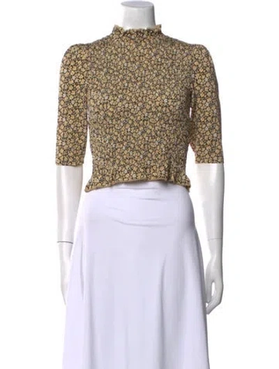 Pre-owned Sandro Floral Print Mock Neck Crop Top In Yellow