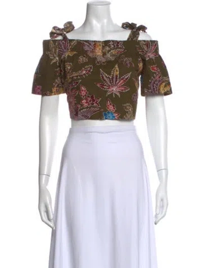 Pre-owned Sandro Floral Print Off-the-shoulder Crop Top In Green