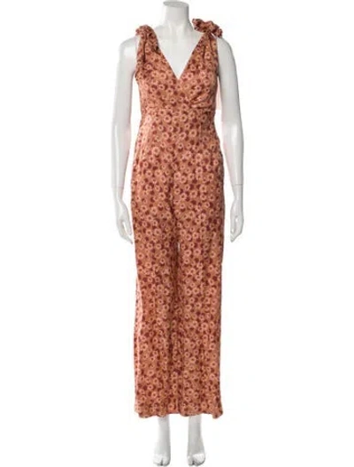 Pre-owned Sandro Floral Print Plunge Neckline Jumpsuit W/ Tags In Orange