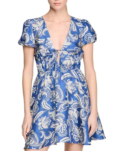 Sandro V-neck Floral-print Dress In Blue