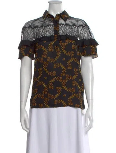 Pre-owned Sandro Floral Print Short Sleeve Blouse In Black
