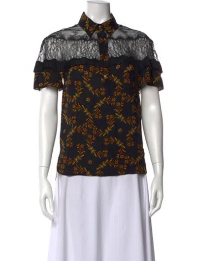 Pre-owned Sandro Floral Print Short Sleeve Blouse In Black