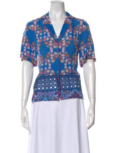 Pre-owned Sandro Floral Print Short Sleeve Blouse W/ Tags In Blue
