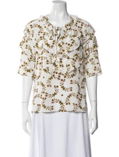 Pre-owned Sandro Floral Print Short Sleeve Blouse In White