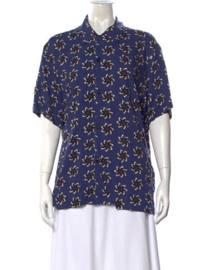 Pre-owned Sandro Floral Print Short Sleeve Button-up Top In Blue
