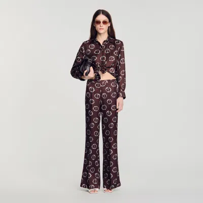 Sandro Floral Print Silk Shirt In Brown