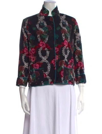 Pre-owned Sandro Floral Print Three-quarter Sleeve Blouse In Black