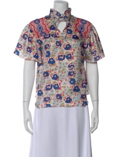 Pre-owned Sandro Floral Print Tie Neck Blouse In Blue