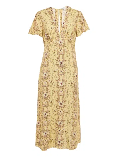 Pre-owned Sandro Floral-print V-neck Dress In Yellow