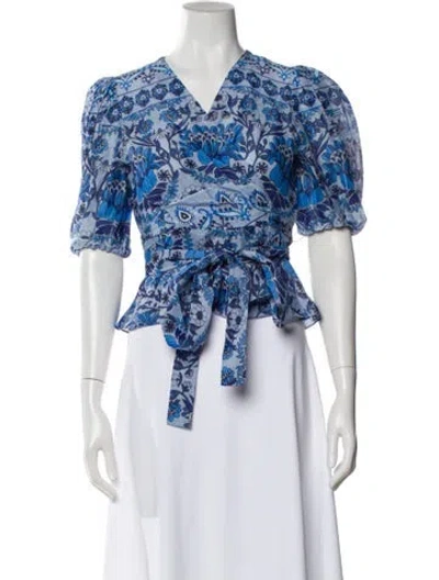 Pre-owned Sandro Floral Print V-neck Blouse In Blue