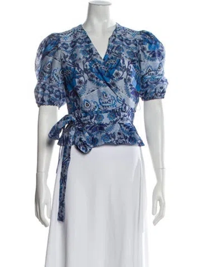 Pre-owned Sandro Floral Print V-neck Blouse In Blue