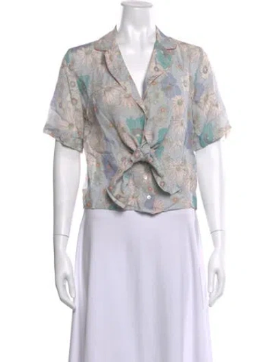 Pre-owned Sandro Floral Print V-neck Blouse In Blue