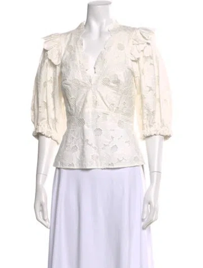 Pre-owned Sandro Floral Print V-neck Blouse W/ Tags In White