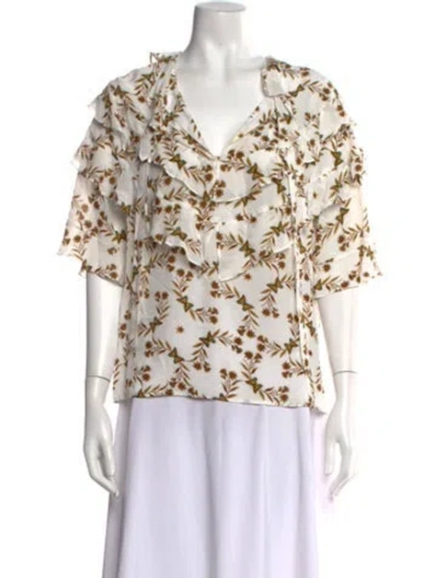 Pre-owned Sandro Floral Print V-neck Blouse In White/yellow