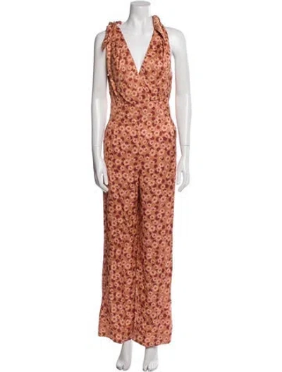 Pre-owned Sandro Floral Print V-neck Jumpsuit In Neutral
