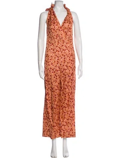 Pre-owned Sandro Floral Print V-neck Jumpsuit In Orange