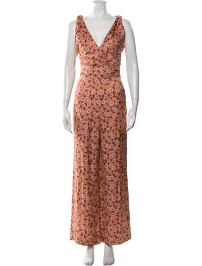 Pre-owned Sandro Floral Print V-neck Jumpsuit In Orange