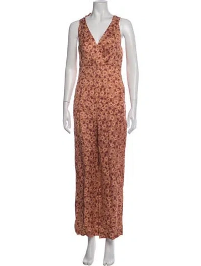 Pre-owned Sandro Floral Print V-neck Jumpsuit In Orange
