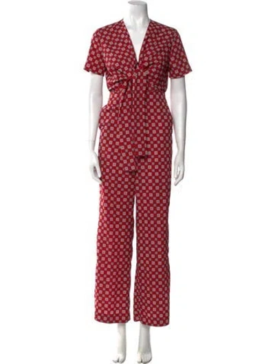 Pre-owned Sandro Floral Print V-neck Jumpsuit In Red