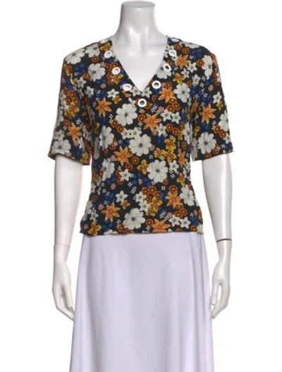 Pre-owned Sandro Floral Print V-neck Top In Green