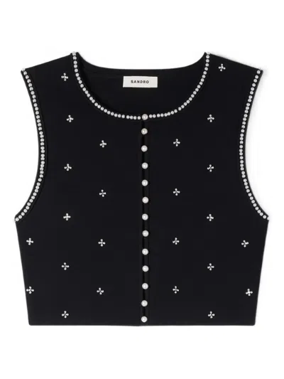 Sandro Womens Black Rhinestone-embellished Cropped Knitted Top