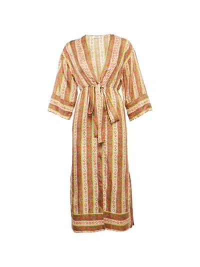 Pre-owned Sandro Floral Striped Kaftan Midi Dress In Neutral