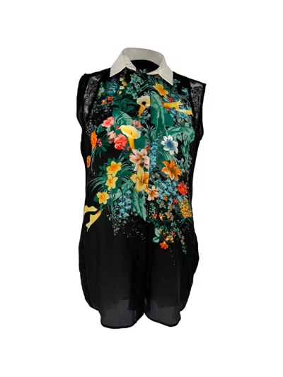Pre-owned Sandro Floral-print Lace-panel Blouse In Black