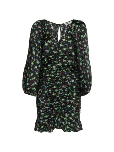 Pre-owned Sandro Floral-print Ruched Mini Dress In Black