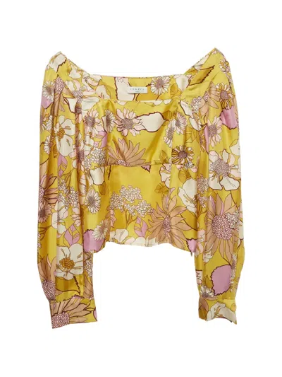 Pre-owned Sandro Floral-print Square-neck Blouse In Yellow