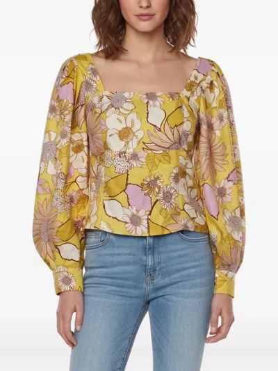 Pre-owned Sandro Floral-print Square-neck Blouse In Yellow