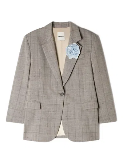 Sandro Flower-brooch Checked Blazer In Gray