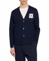 Sandro Flower Patch Regular Fit Cardigan In Navy Blue