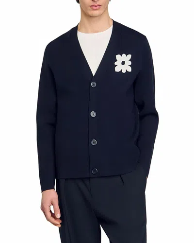 Sandro Flower Patch Regular Fit Cardigan In Navy Blue