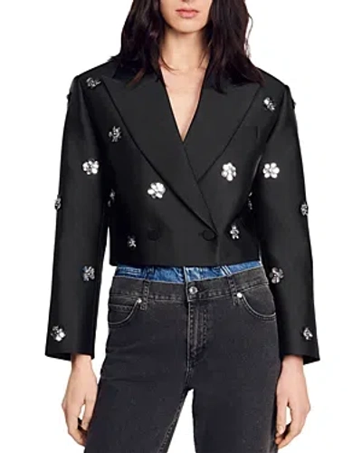 Sandro Flowers Double Breasted Cropped Embellished Jacket In Black
