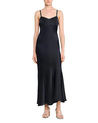 Sandro Fluid Satin Maxi Slip Dress In Black