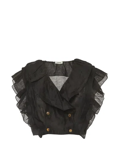 Pre-owned Sandro Folie Ruffled Crop Blouse In Black