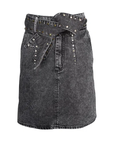Sandro Fredie Belted Embellished Acid-wash Denim Mini Skirt In Grey Cotton